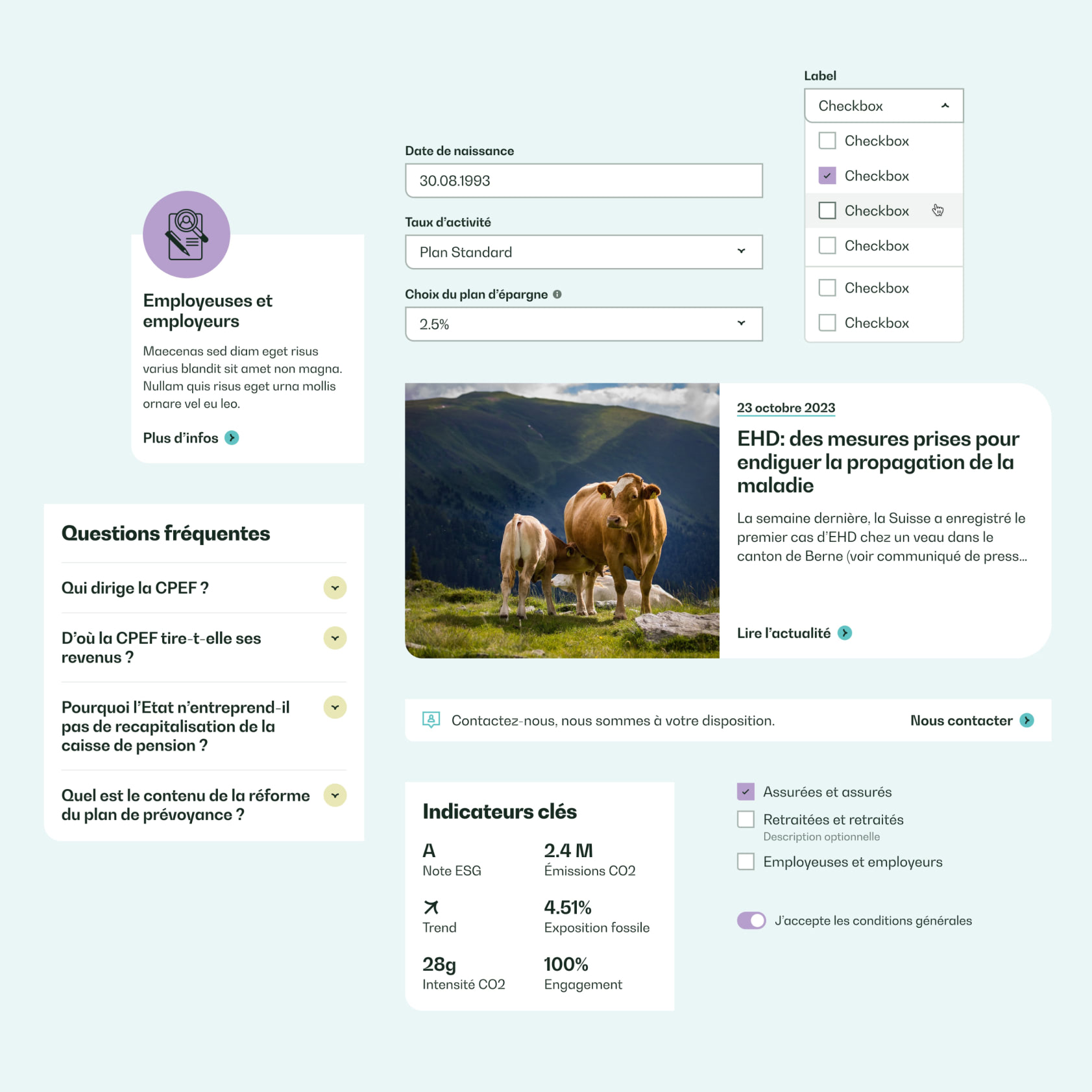 Composants du site web de la Caisse de prévoyance de l'Etat de Fribourg.