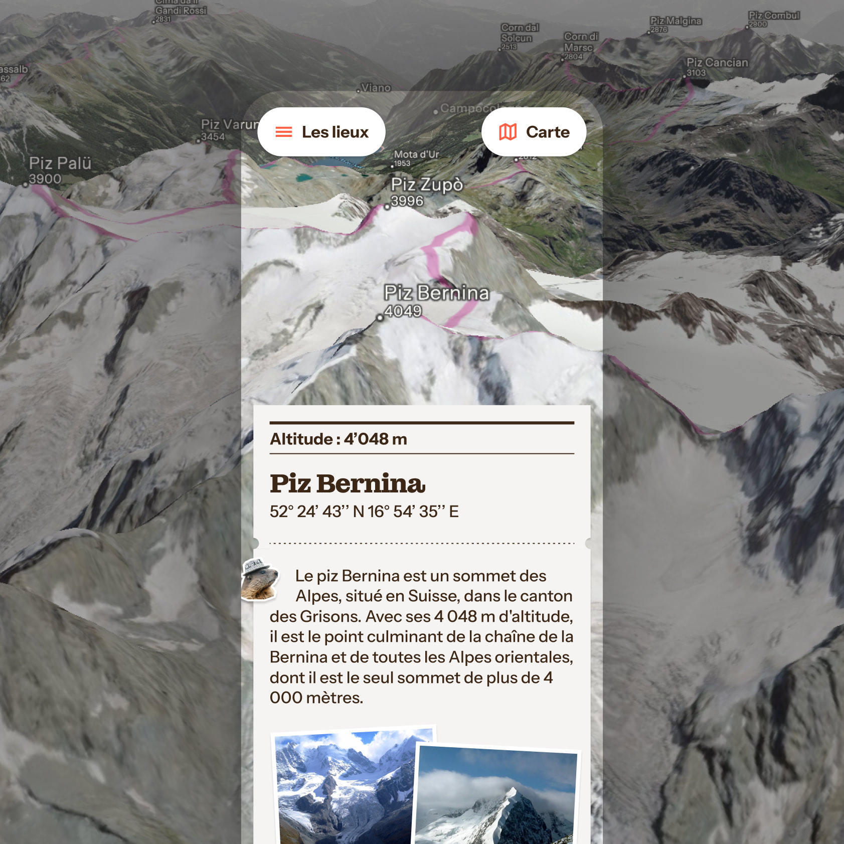 Détail du Piz Bernina sur le site Swizerland Grand Tour.