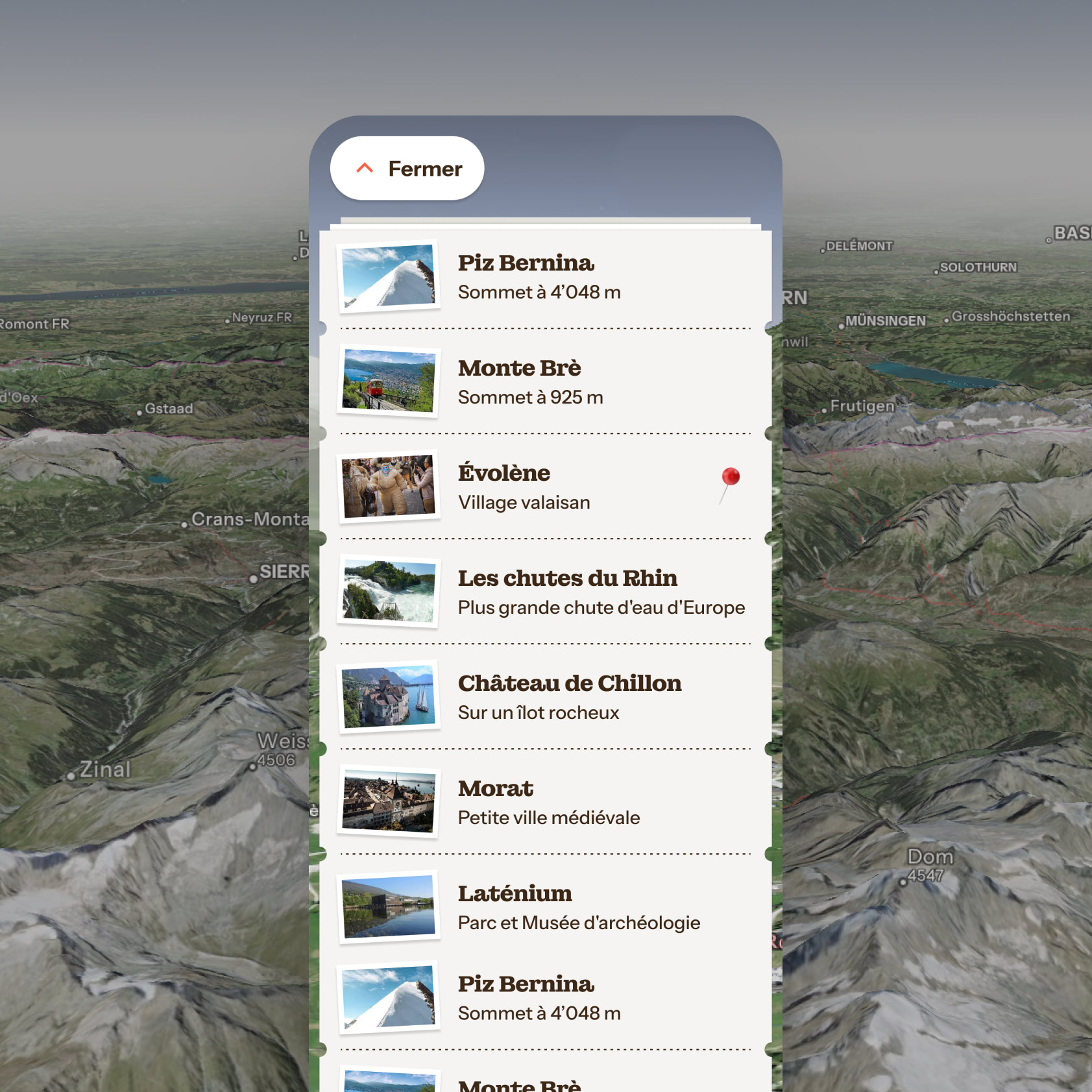 Liste de destinations sur le site Swizerland Grand Tour.
