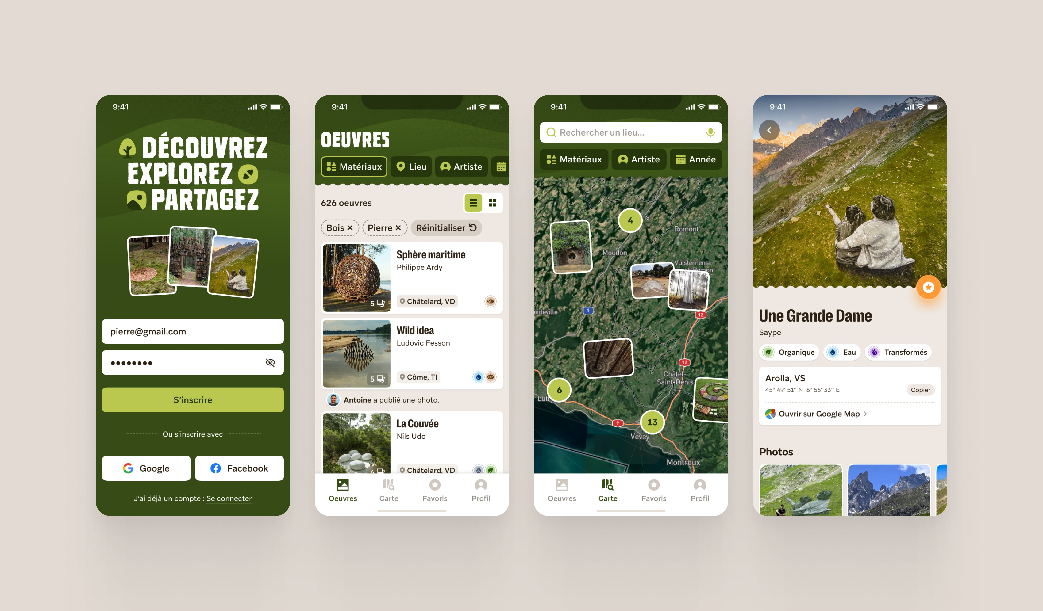 Écrans de l'application mobile Swiss Land Art.
