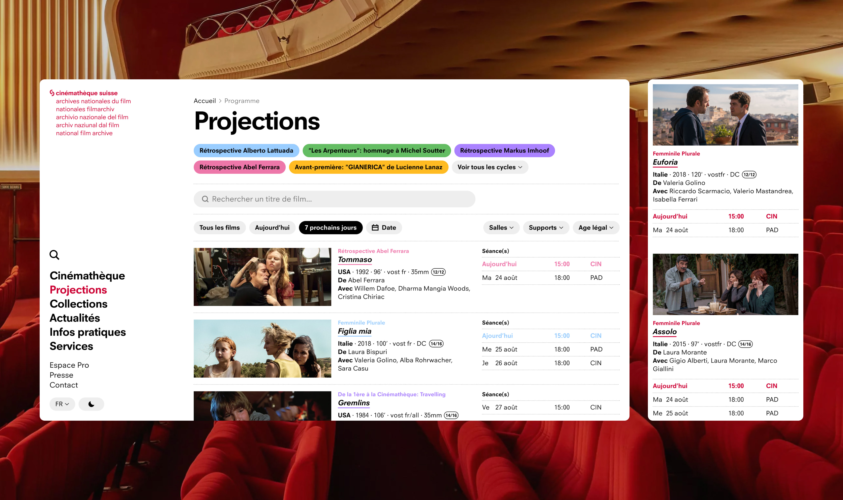 Projections avec la liste des films et les filtres.