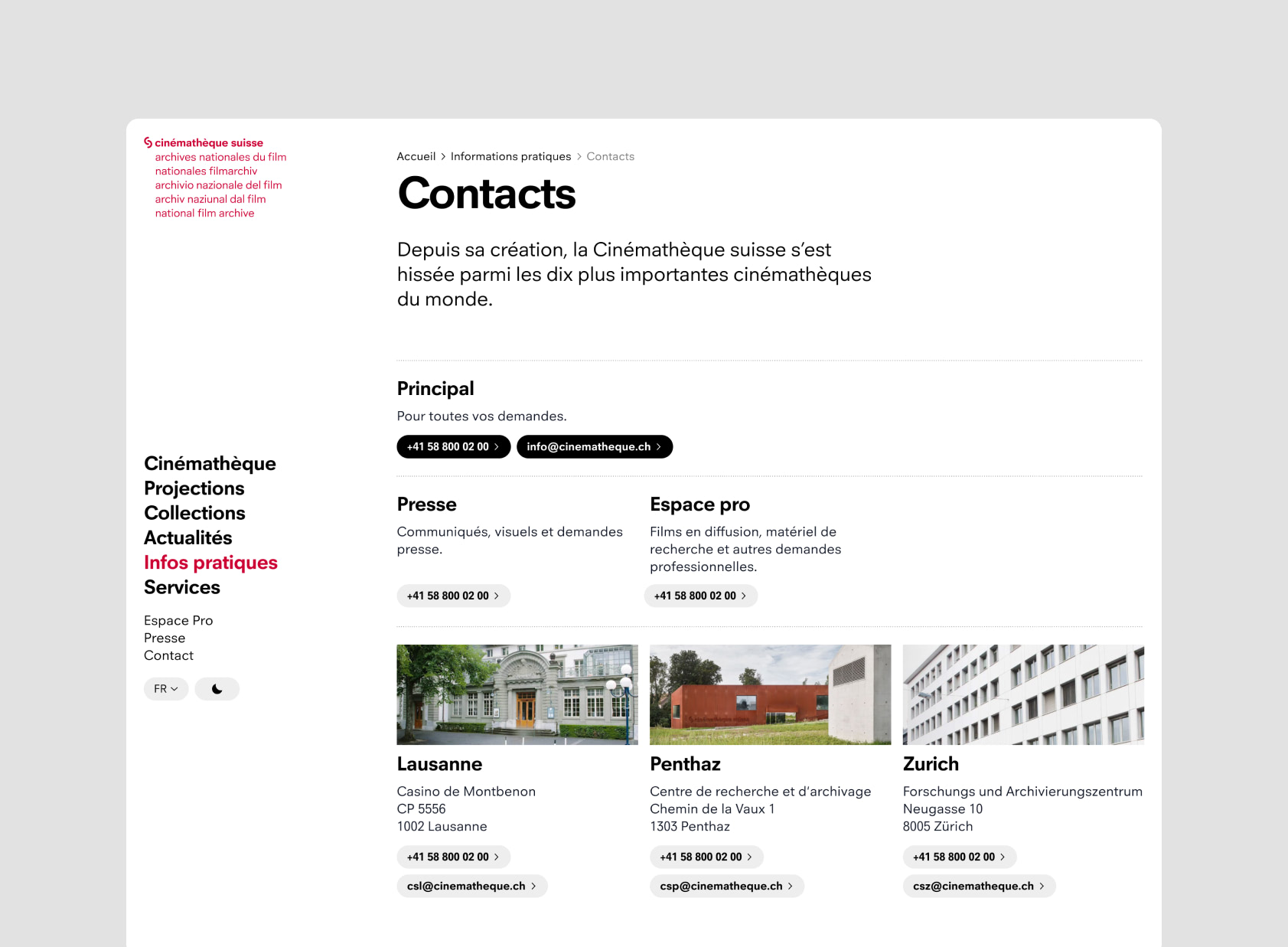 Page avec les différents contacts.