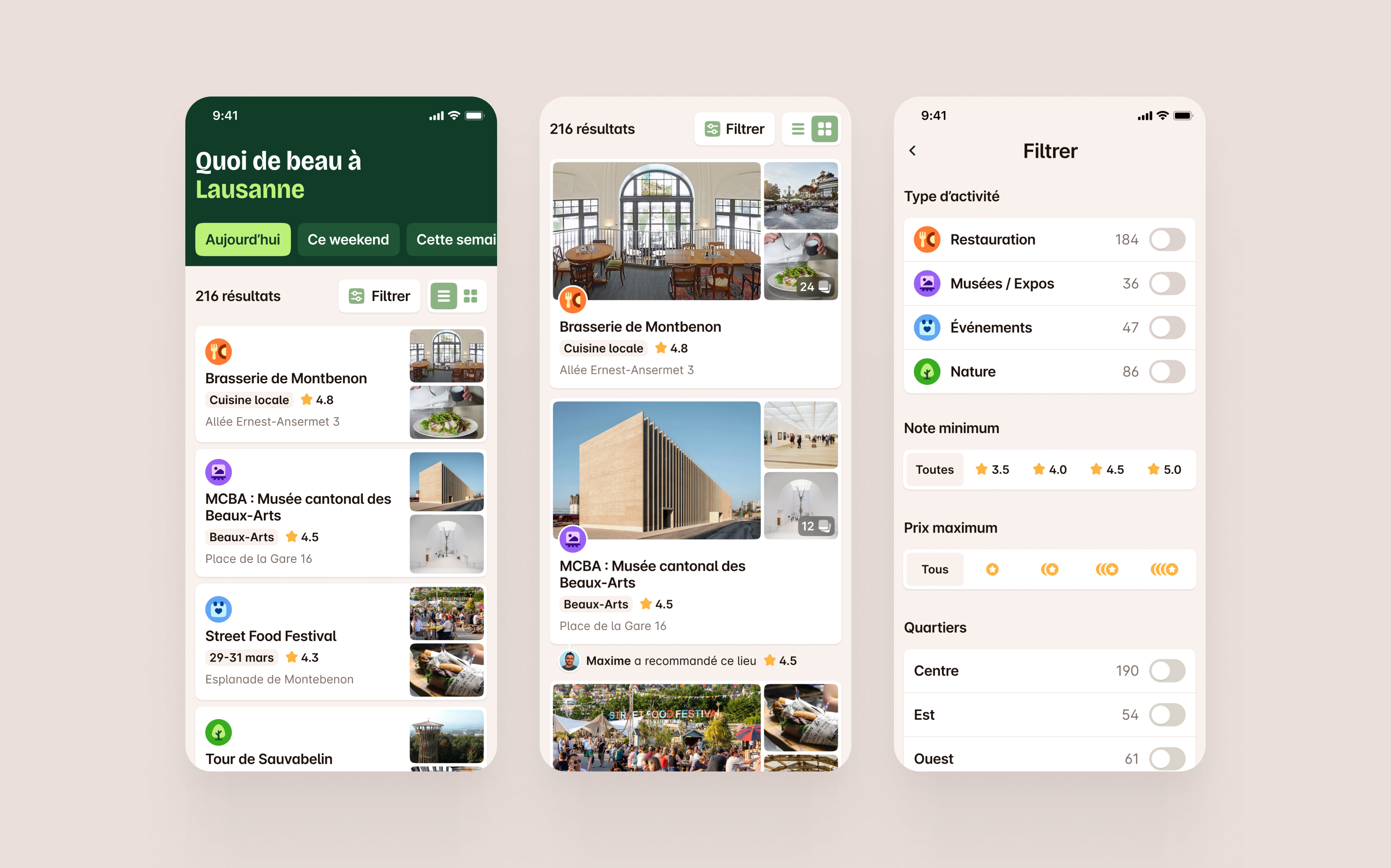 Écrans principaux de l'application.
