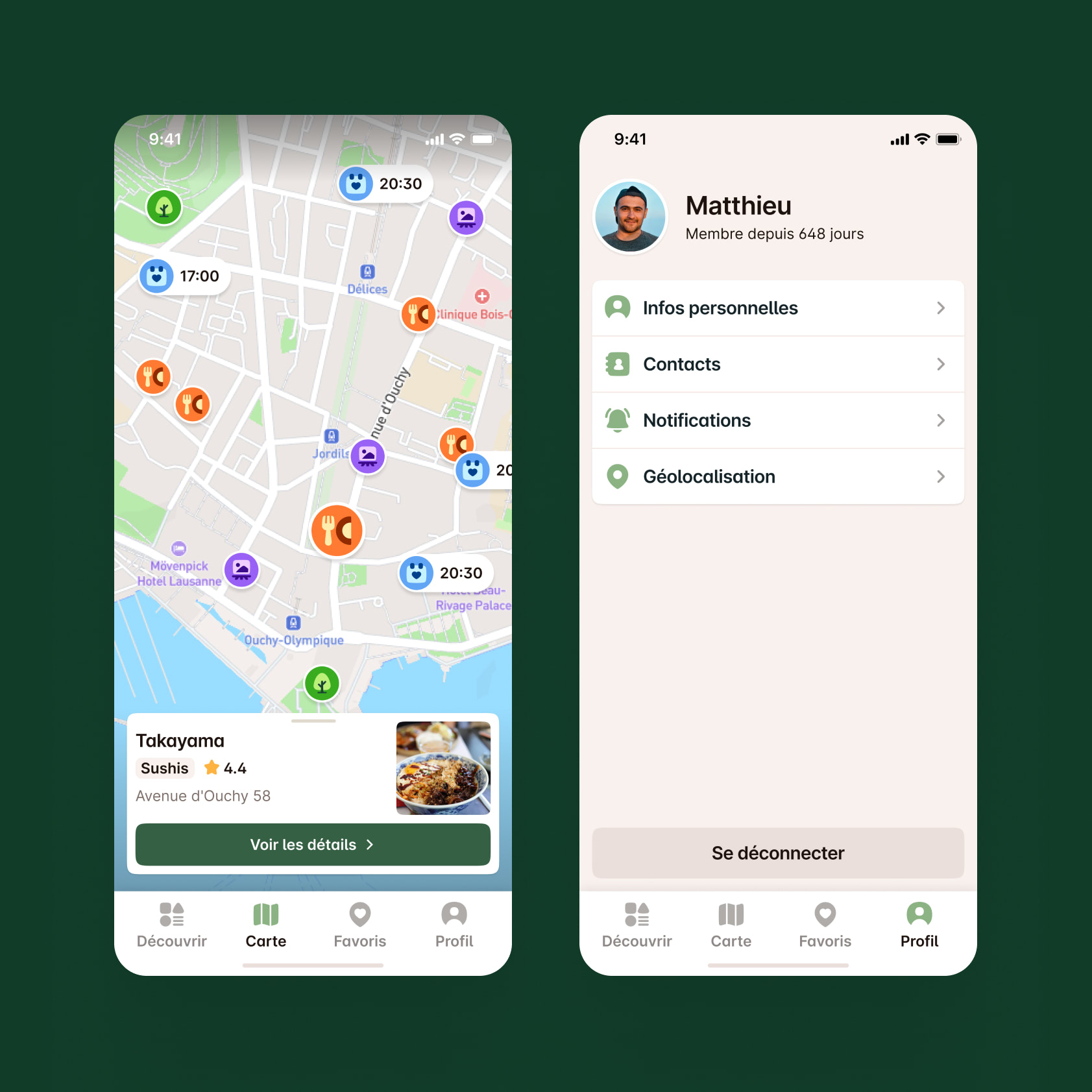 Écran de la carte dans l'application.