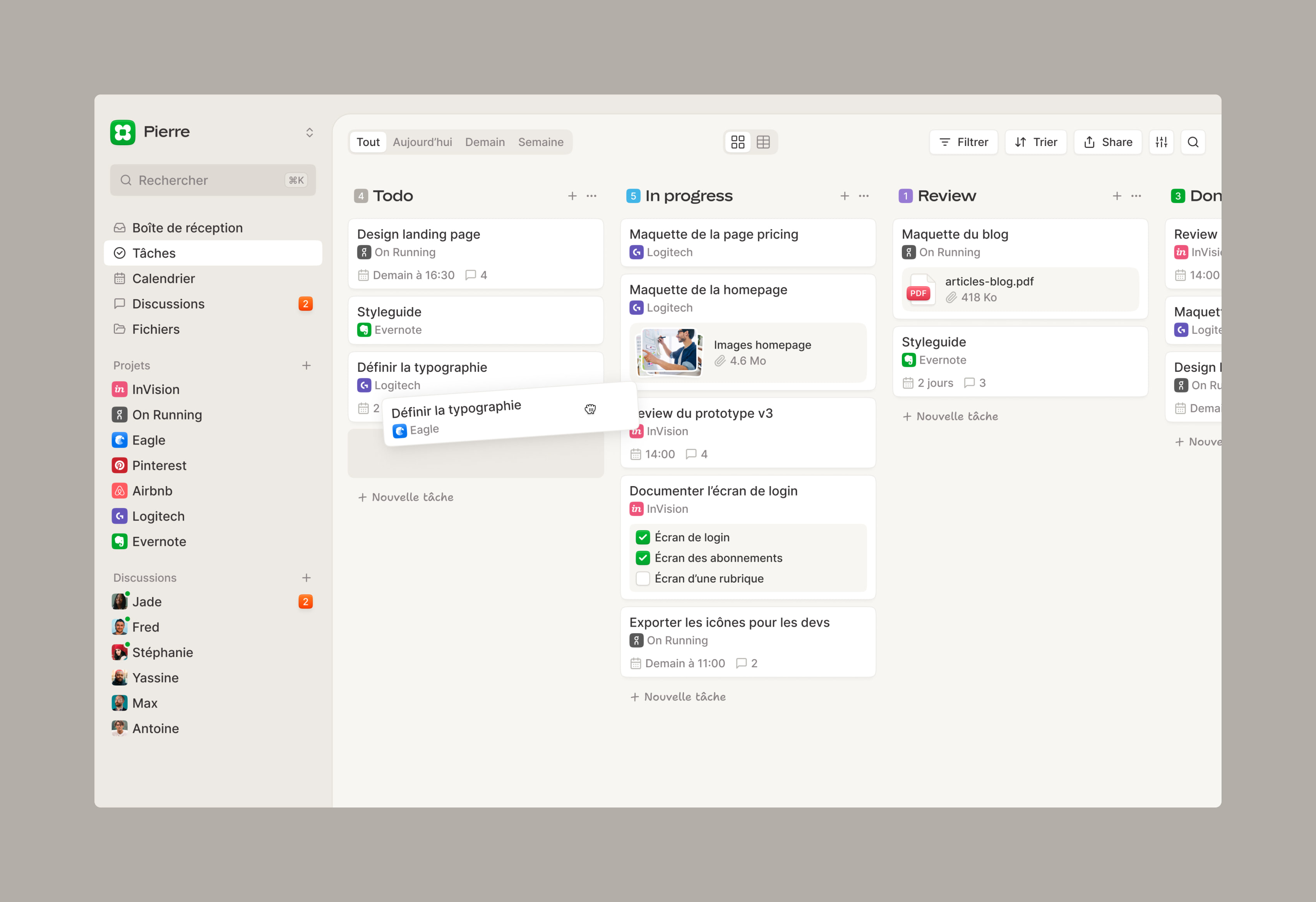 Vue principale de l'application sous forme de Kanban.