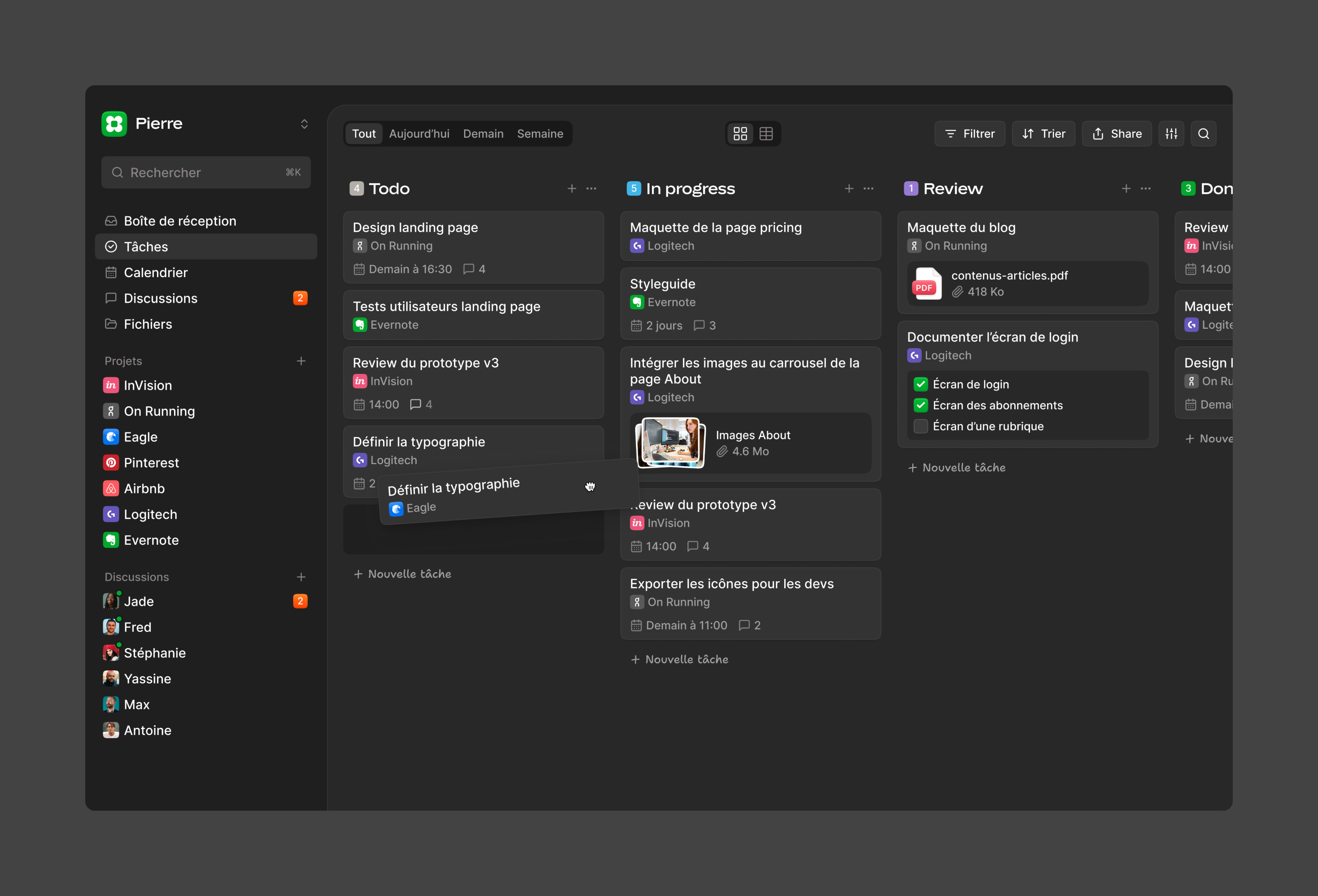 Vue kanban de l'application.