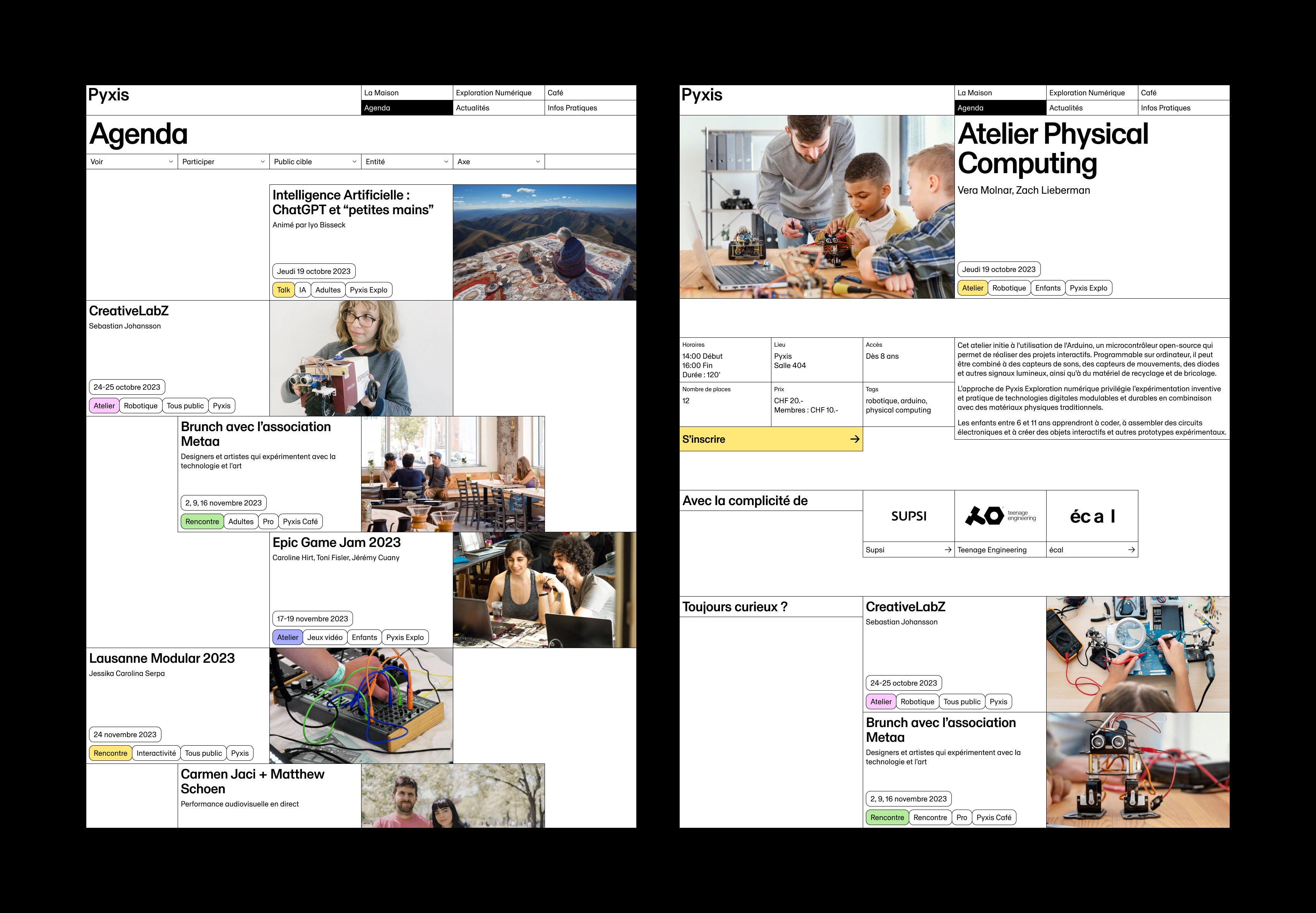 Homepage avec des images plein écran qui défilent.