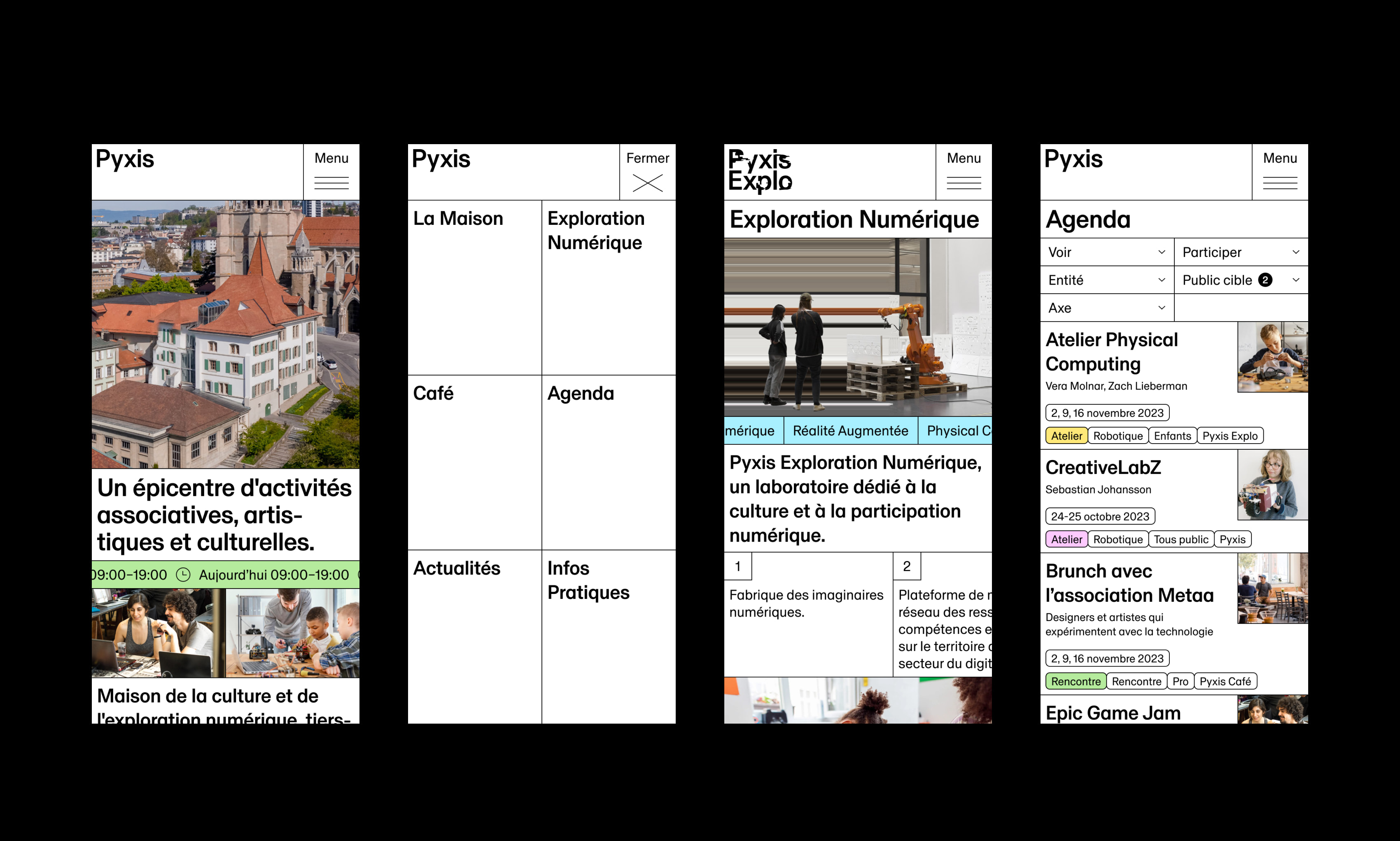 Homepage avec des images plein écran qui défilent.